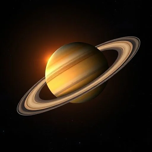 Saturn with its majestic rings, a small moon silhouetted.